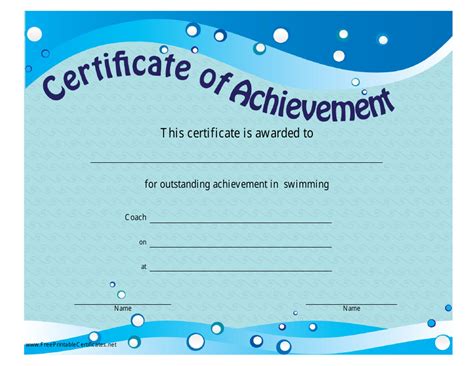 Swimming Certificate of Achievement Template - Azure Download Printable PDF | Templateroller